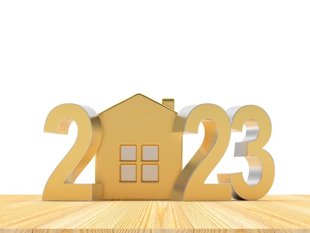 Golden house icon and New Year's number on a wooden floor