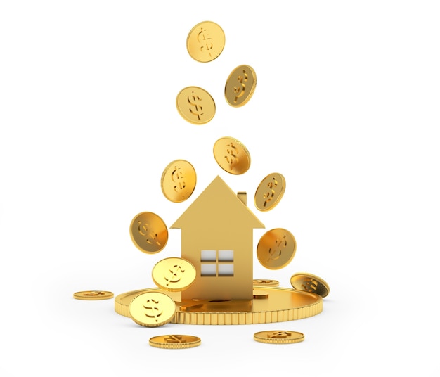 Golden house icon with falling dollar coins  3d