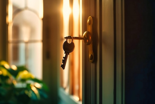 Foto le chiavi d'oro di una casa pendono da una porta di una casa.