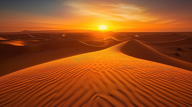 The golden hues of a desert sunset casting a warm glow over the textured dunes