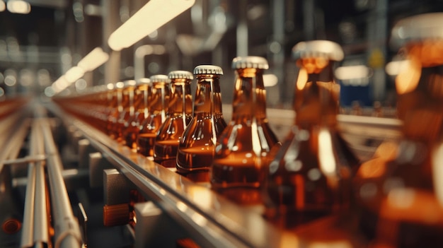 Golden hues highlight rows of beer bottles on a production line inside a brewery