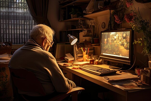 Photo the golden hues of sunset an elderly person on a computer cozy workspace filled with personal items