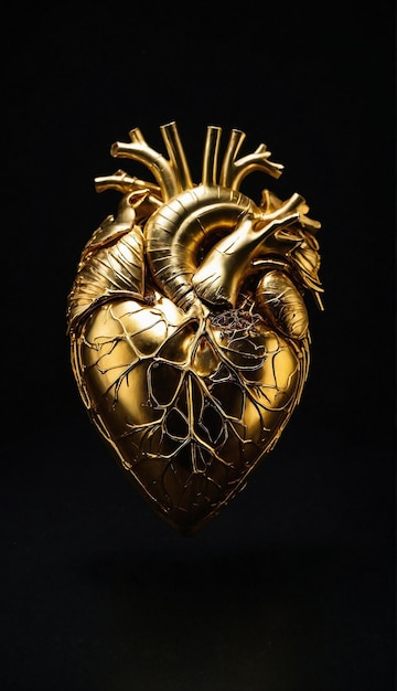 A golden human heart on a black background