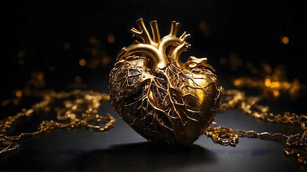 a golden human heart on a black background