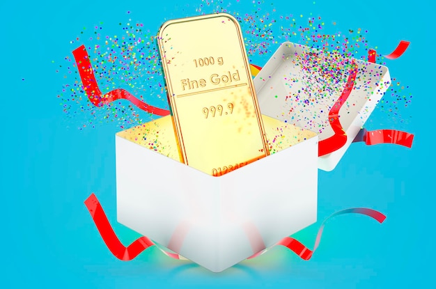 Golden ingot inside gift box 3d rendering