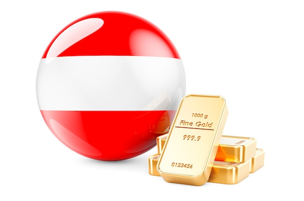 Золотые слитки с австрийским флагом Валютные резервы Австрии концепция 3D рендеринга на белом фоне
