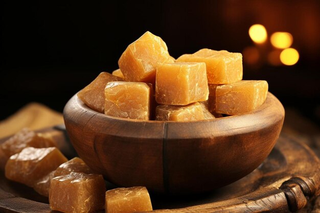 Photo golden jaggery blocks in a wooden bowl yummy delicious jaggery food image photography
