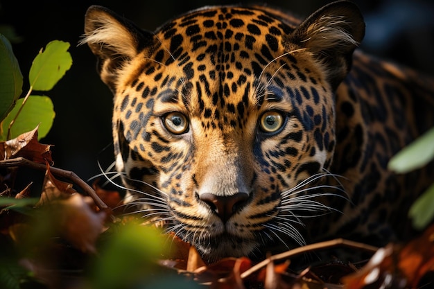 Golden jaguar rests on the lush jungle penetrating eyes generative IA