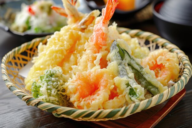 Premium AI Image | A golden Japanese tempura featuring an assortment of