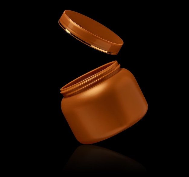 Golden jar with a lid flies on a black background