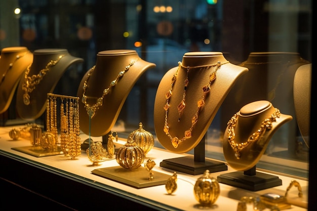 Golden jewelry in store window