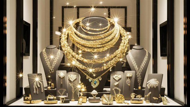 Photo golden jewelry in store window