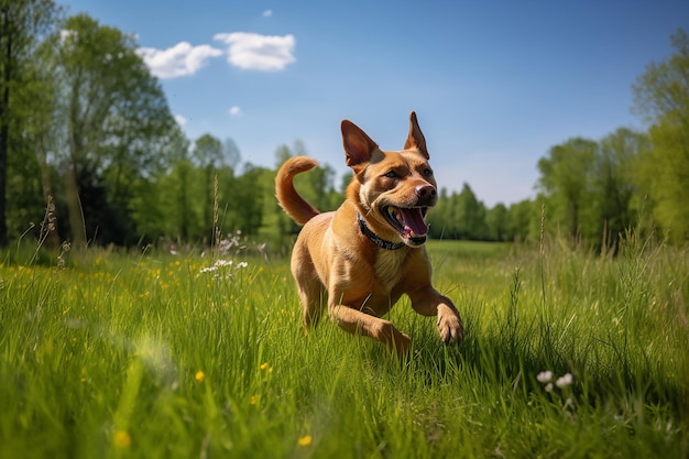 Golden Joy Dog stoeien in weelderig groen veld