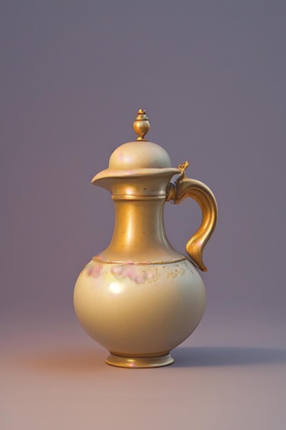 A golden jug with a lid that says'e'on it