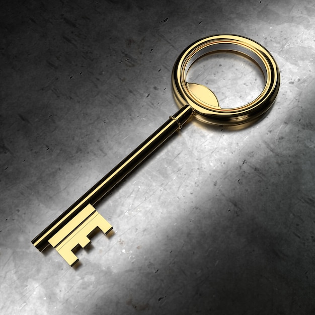 Golden Key on Black Metallic Background. 3D Rendering