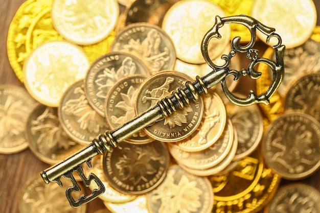 Photo golden key on coins