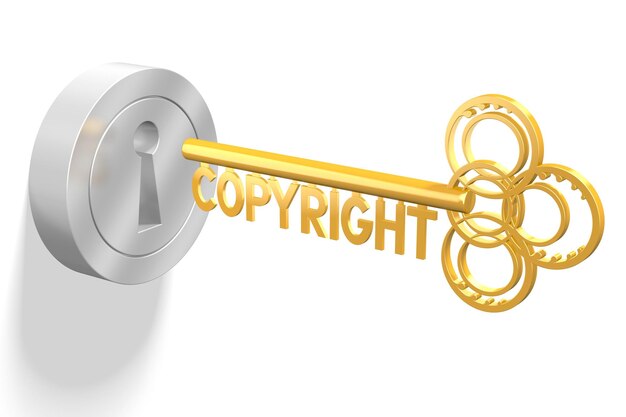 Illustrazione 3d del concetto di copyright della chiave d'oro