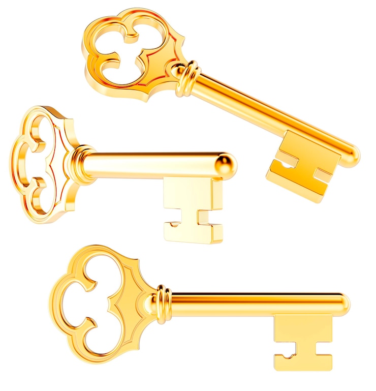 Photo golden key different views and angles 3d rendering