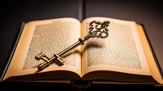 A golden key inserted into a book