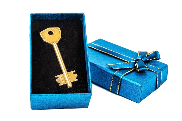 Golden key into blue box on white background