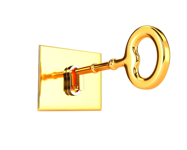 Golden key in keyhole isolated on white background. 3d illustration.