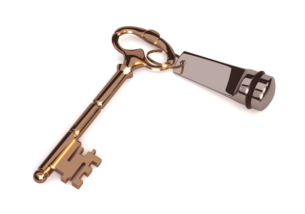 The Golden Key in the old style, isolated on white background 