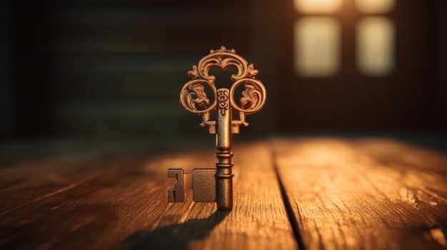 A golden key resting on a wooden table