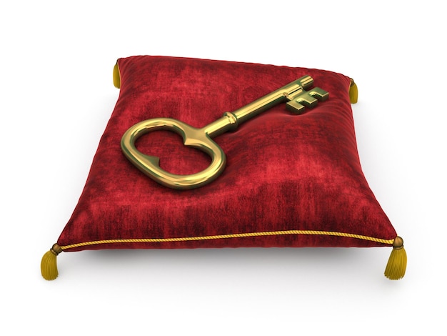 Photo golden key on royal red velvet pillow isolated on white background 7