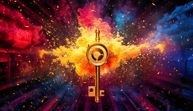 An golden key surrounded by colorful particles