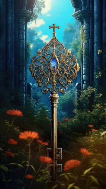 A golden key surrounded by lush greenery in a mysterious forest