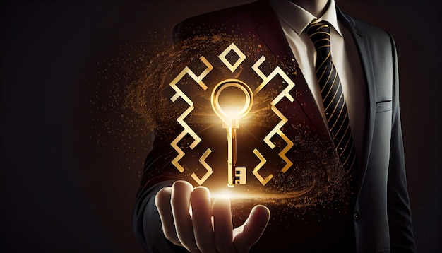 Golden key to unlock solve business problem concept smart businessman holding golden key