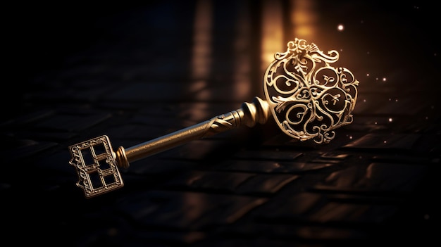 Photo golden key with glowing lights and dark background