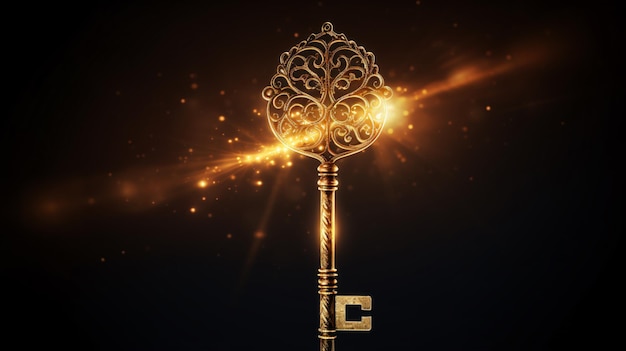 Photo golden key with glowing lights and dark background