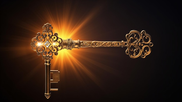 Photo golden key with glowing lights and dark background