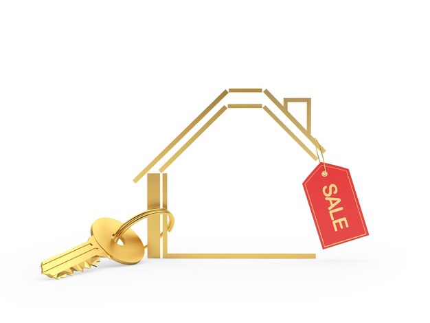 Golden key with home icon and sale tag