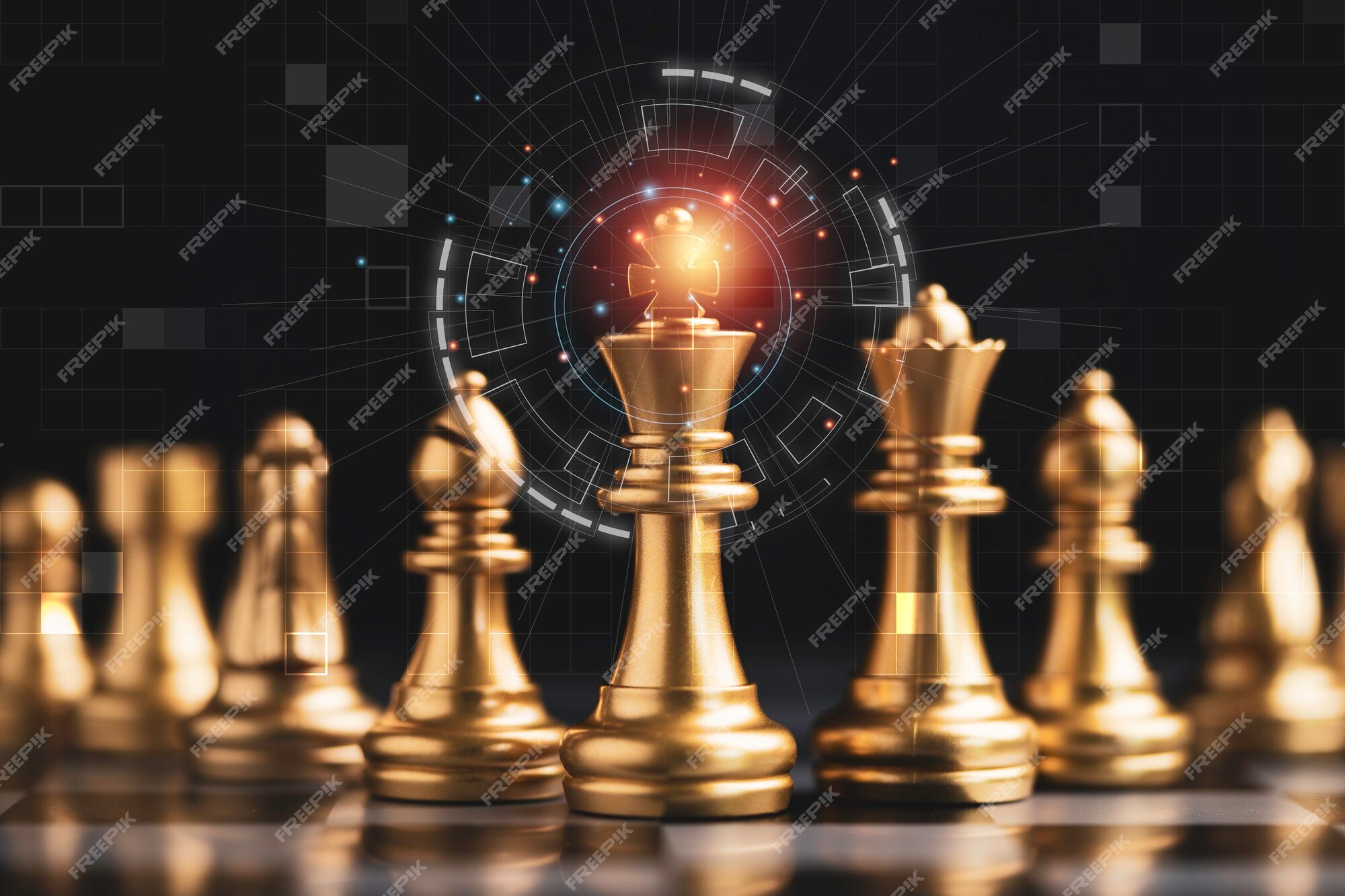 Premium Photo | Golden king chess encounter with gold chess enemy on dark  background and connection line for strategy idea and futuristic concept