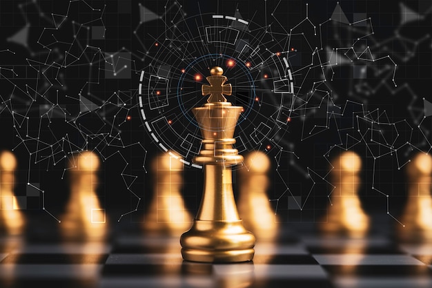 Golden king chess encounter with gold chess enemy on dark background and connection line for strategy idea and futuristic concept