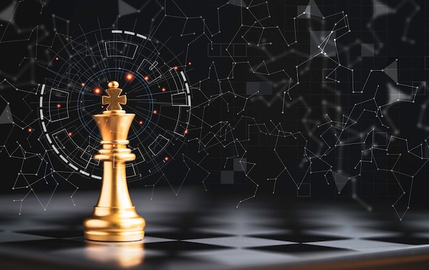 골든 킹 체스는 전략 아이디어와 미래 개념을 위한 연결선이 있는 어두운 배경과 체스 판에 혼자 서 있습니다.