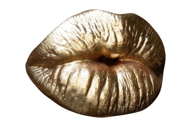 Golden kiss womans golden lips close up isolated white background isolated gold mouth shine metalize