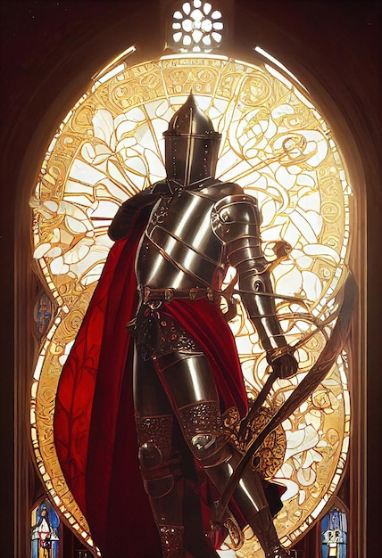 A golden knight in a red cloak on the background of a church stained glass window illustration