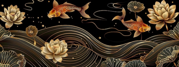 Photo golden koi fish lotus flowers and leaves on a black background with golden line art waves