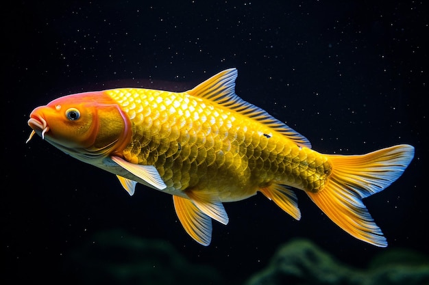 Golden koi or yellow koi fish isolated on black background
