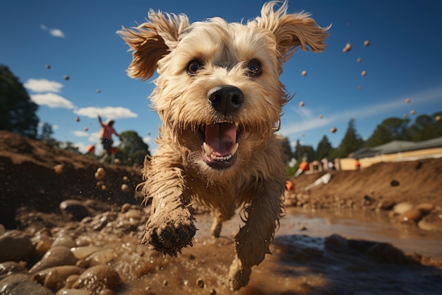 a golden labradoodle jumping to grab a Frisbee ai generated