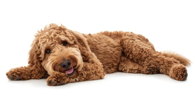 Golden Labradoodle laying over white background