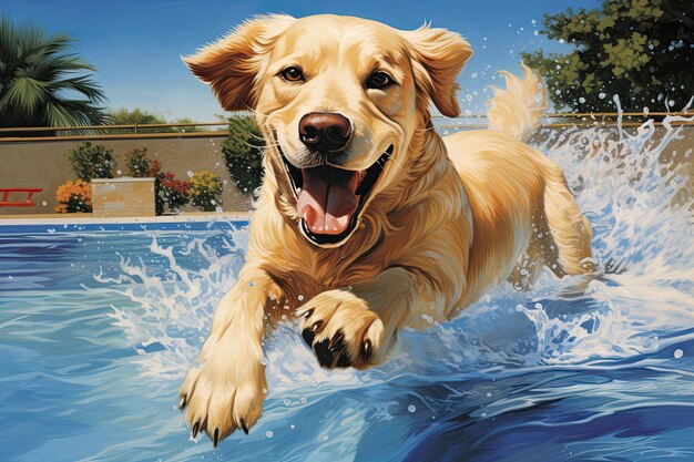 写真 プールで楽しそうに飛び跳ねたり泳いだり、水遊びに取り組むゴールデン・ラブラドル・レトリバーの子犬
