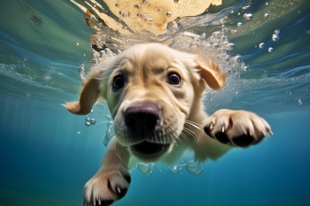 Golden labrador retriever puppy playing and training underwater