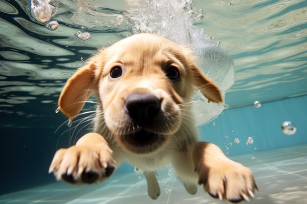 Golden labrador retriever puppy playing and training underwater