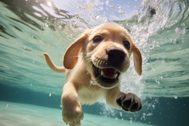 Golden labrador retriever puppy playing and training underwater