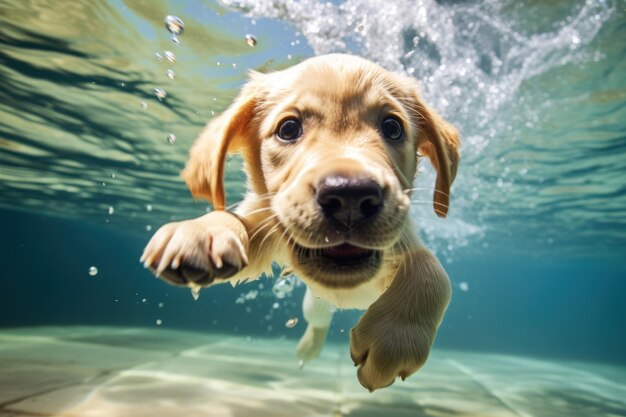 Golden labrador retriever puppy playing and training underwater