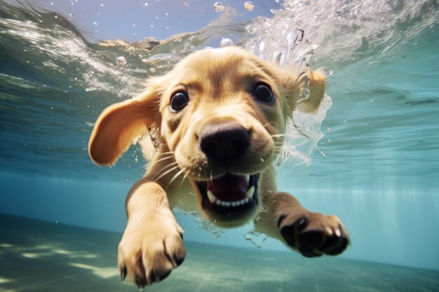 Golden labrador retriever puppy playing and training underwater